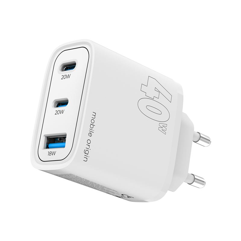 Mobile Origin GaN 40W Vegglader med USB-A + 2 USB-C Porter - Hvid