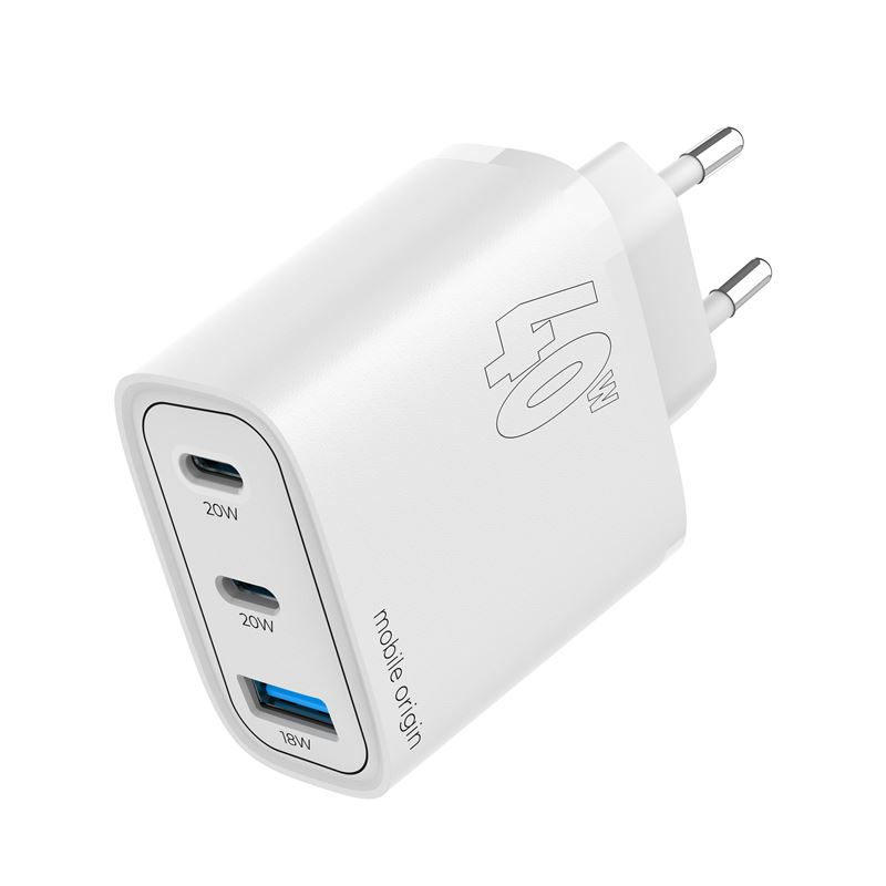 Mobile Origin GaN 40W Vegglader med USB-A + 2 USB-C Porter - Hvid