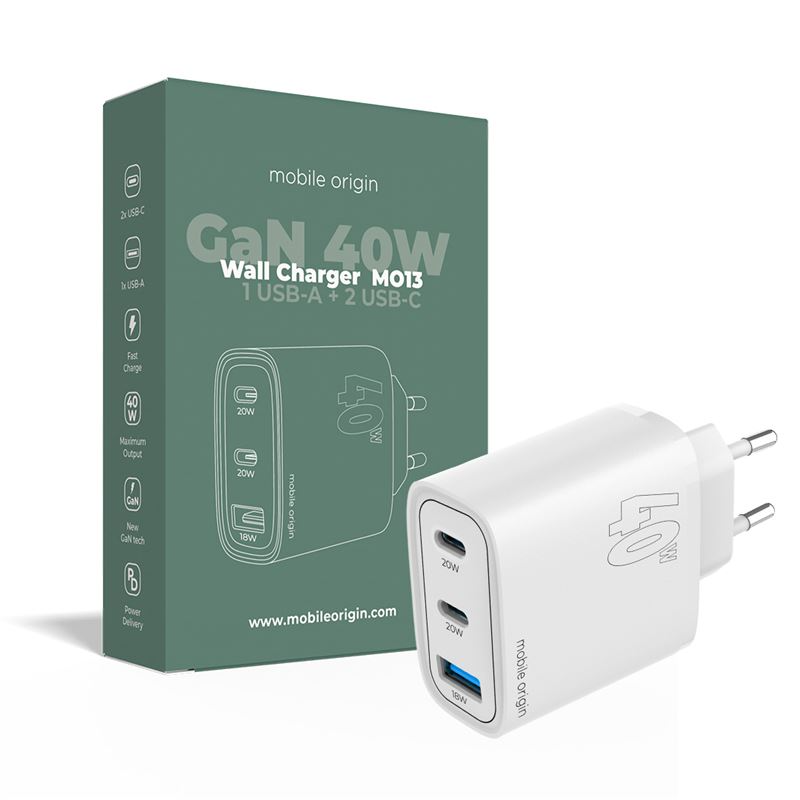 Mobile Origin GaN 40W Vegglader med USB-A + 2 USB-C Porter - Hvid