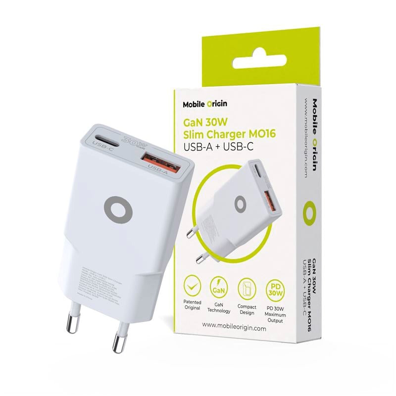 Mobile Origin MO16 30W Slim Vegglader m. 1x USB-C & 1x USB-A - Hvit