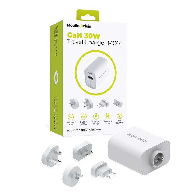 Mobile Origin GaN 30W Reiselader - EU, USA, UK, AUS - Hvit