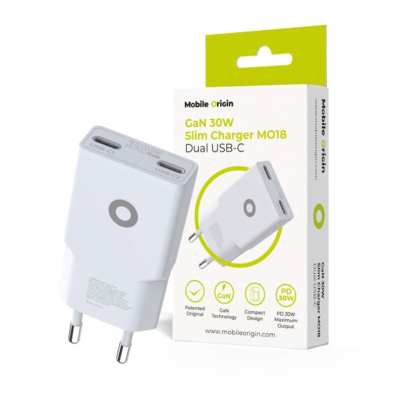 Mobile Origin MO18 30W Slim Vegglader m. 2x USB-C - Hvit