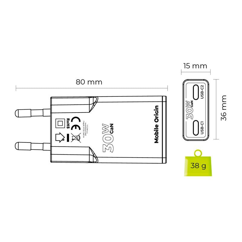 Mobile Origin MO18 30W Slim Vegglader m. 2x USB-C - Hvit