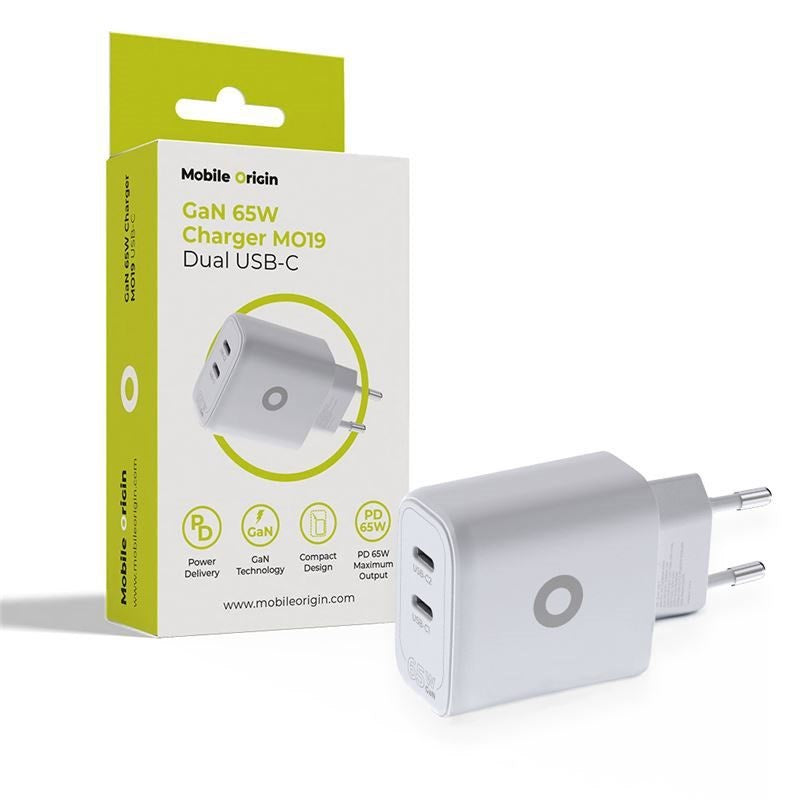 Mobile Origin GaN 65W Vegglader med 2 x USB-C - Hvit