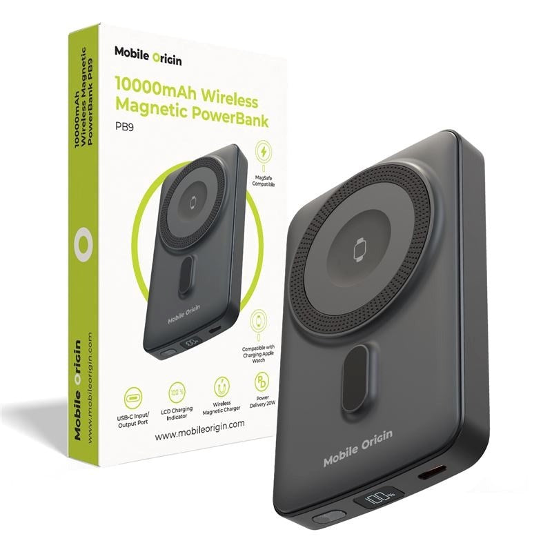 Mobile Origin 20W Powerbank for Smarttelefon & Apple Watch - 10 000 mAh med LCD-Skjerm - USB-C-Plugg - Grå