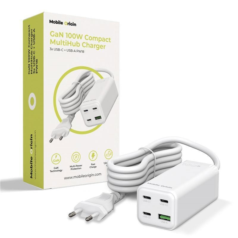 Mobile Origin 100W USB-C-Hub med USB-A & Schuko-Plugg – Hvit