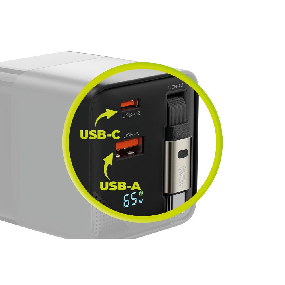 Mobile Origin Display Vegglader m. 1 x USB-A / 1 x USB-C / 1 x Uttrekkbart USB-C Kabel - 65W - Svart