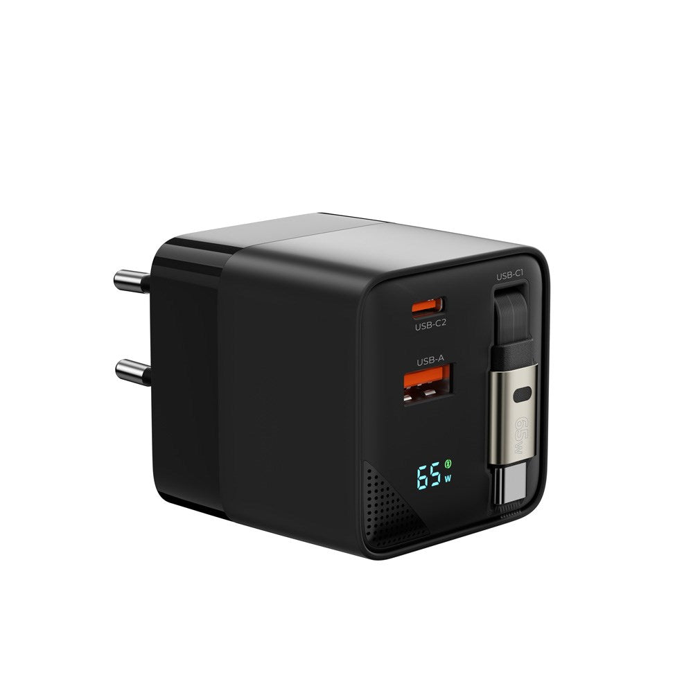 Mobile Origin Display Vegglader m. 1 x USB-A / 1 x USB-C / 1 x Uttrekkbart USB-C Kabel - 65W - Svart
