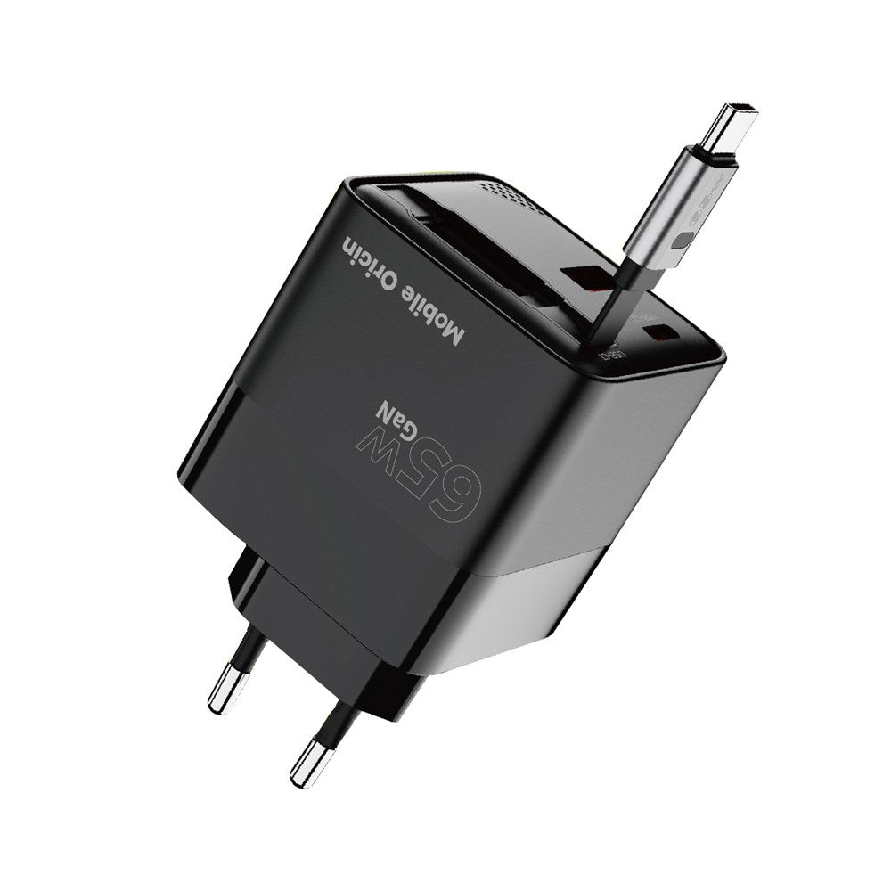 Mobile Origin Display Vegglader m. 1 x USB-A / 1 x USB-C / 1 x Uttrekkbart USB-C Kabel - 65W - Svart
