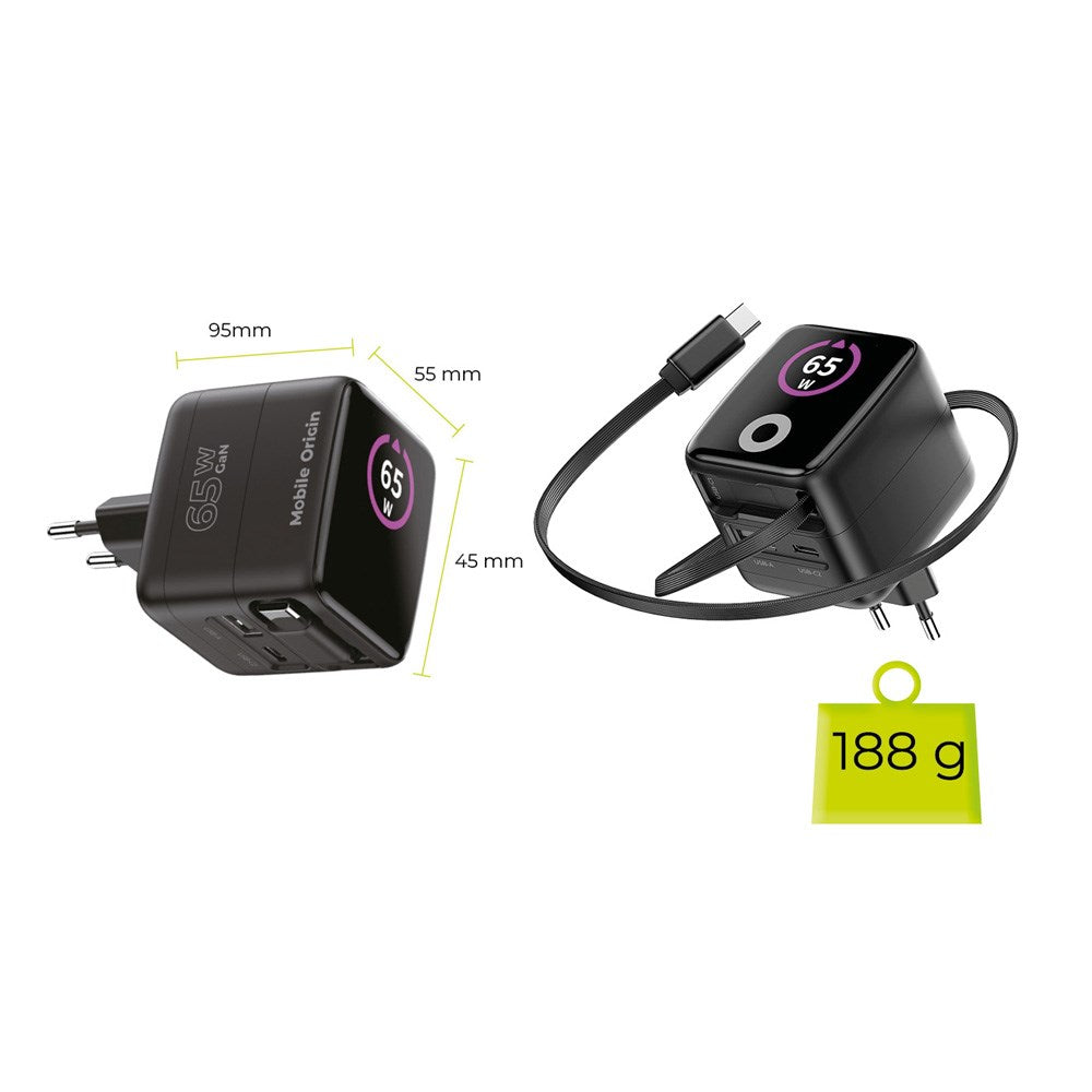 Mobile Origin GaN 65W Display Vegglader m. 1 x USB-A / 1 x USB-C / 1 x Uttrekkbart USB-C Kabel - Svart