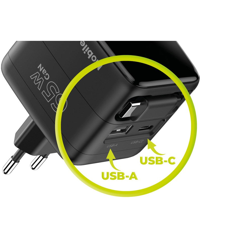 Mobile Origin GaN 65W Display Vegglader m. 1 x USB-A / 1 x USB-C / 1 x Uttrekkbart USB-C Kabel - Svart