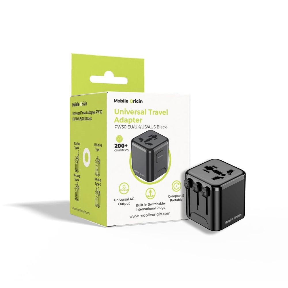 Mobile Origin 30W Universell Reiseadapter EU/UK/US/AUS – Svart