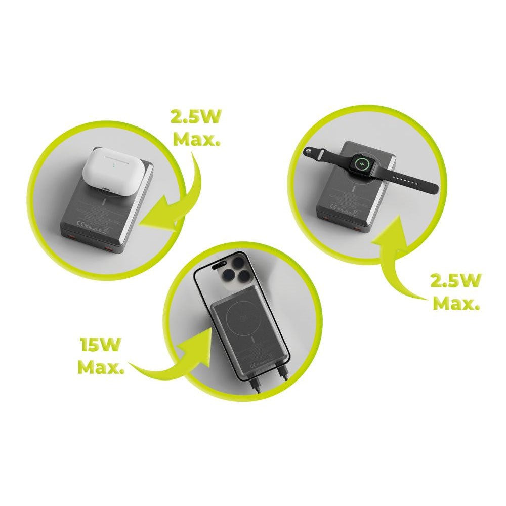 Mobile Origin 30W 20 000 mAh Powerbank med USB-C & Trådløs Lading – MagSafe Kompatibel – Grå
