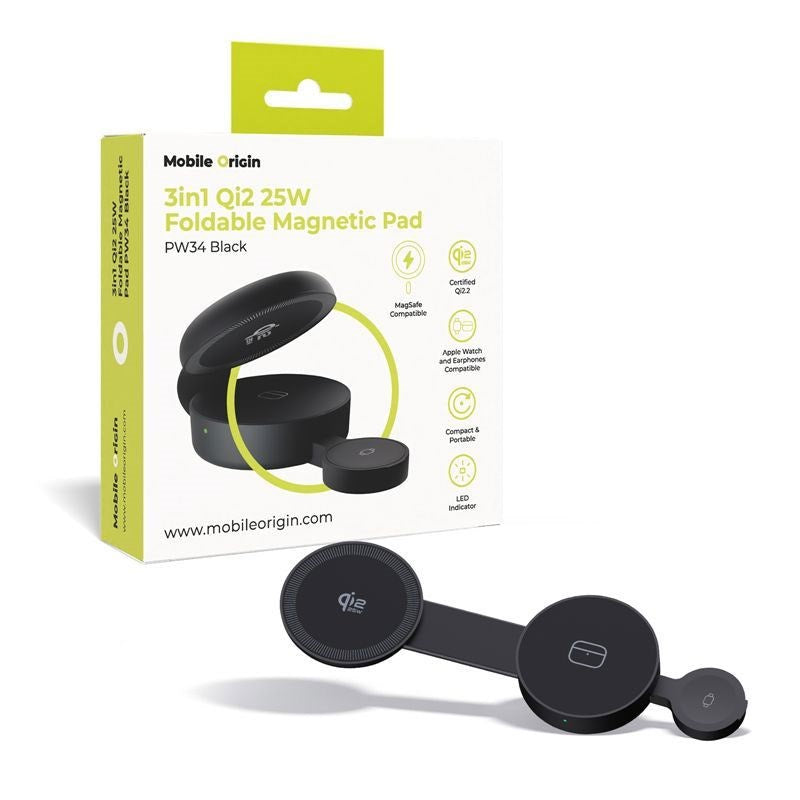 Mobile Origin 3-i-1 Sammenleggbar Trådløs Qi2-Lader for Smarttelefon / Apple Watch / Hodetelefoner - 25W - Svart