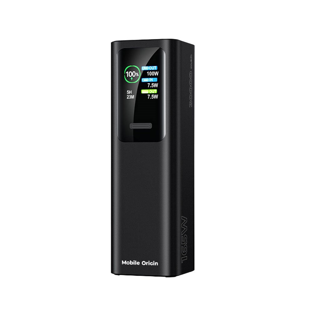 Mobile Origin 165W PowerBank m. Display & Lommelykt - 2x USB-C & 1x USB-A - 30.000 mAh - Svart