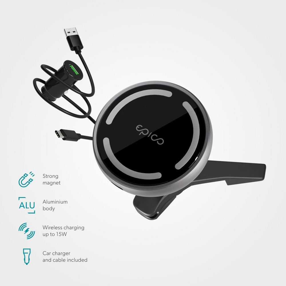 Epico Magnetisk Mobiltelefonholder for Bil med 15W Trådløs Lading - MagSafe Kompatibel - Svart