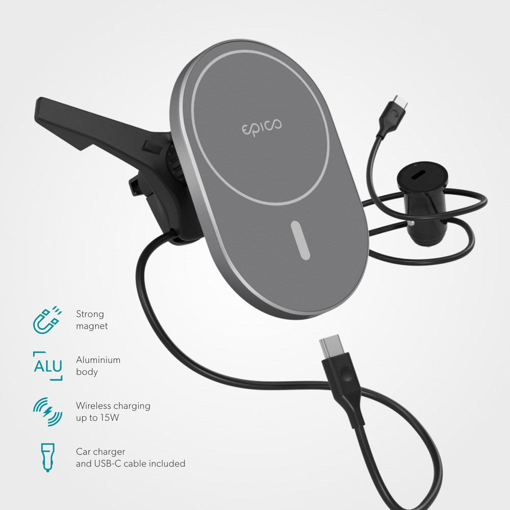 Epico Magnetisk Mobiltelefonholder for Bil m. 15W Trådløs Lading og 18W Billader - MagSafe-Kompatibel - Space Grey