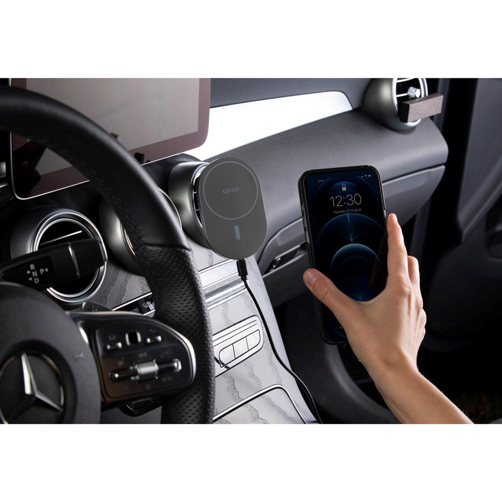 Epico Magnetisk Mobiltelefonholder for Bil m. 15W Trådløs Lading og 18W Billader - MagSafe-Kompatibel - Space Grey