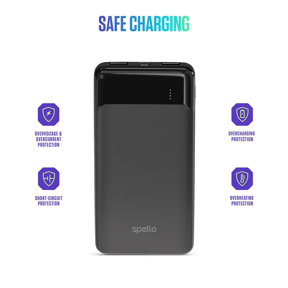 Spello Thin 10W Powerbank med 2 x USB-A og 1 x USB-C - 10 000 mAh - Svart