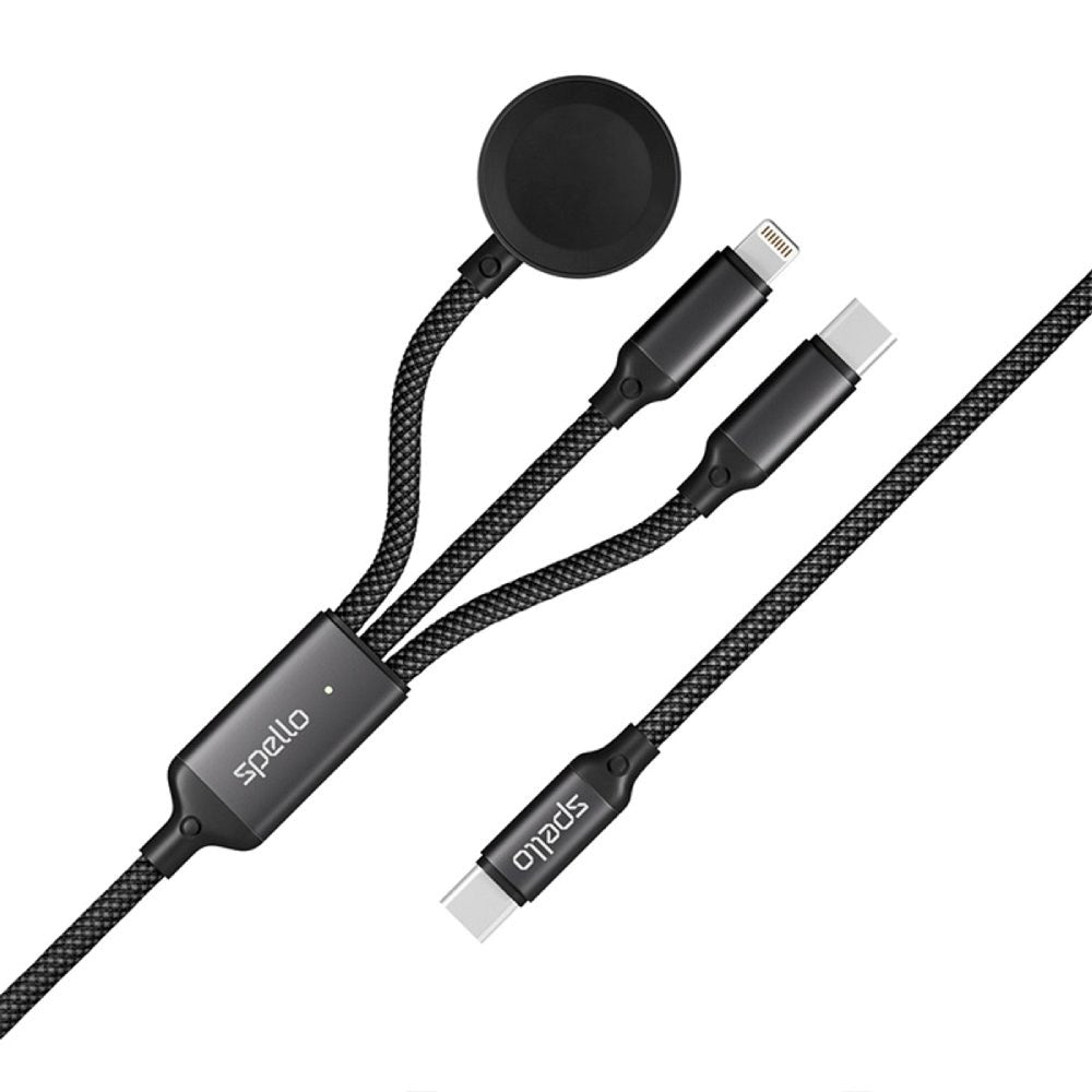 Spello 3-i-1 Multifunksjonell 100W USB-C-Kabel med USB-C - Lightning - Apple Watch-Lader - Svart