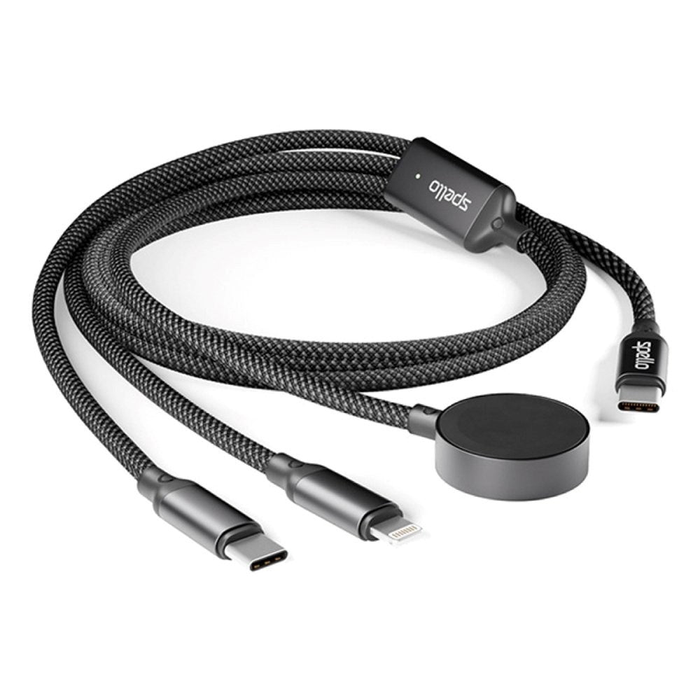 Spello 3-i-1 Multifunksjonell 100W USB-C-Kabel med USB-C - Lightning - Apple Watch-Lader - Svart