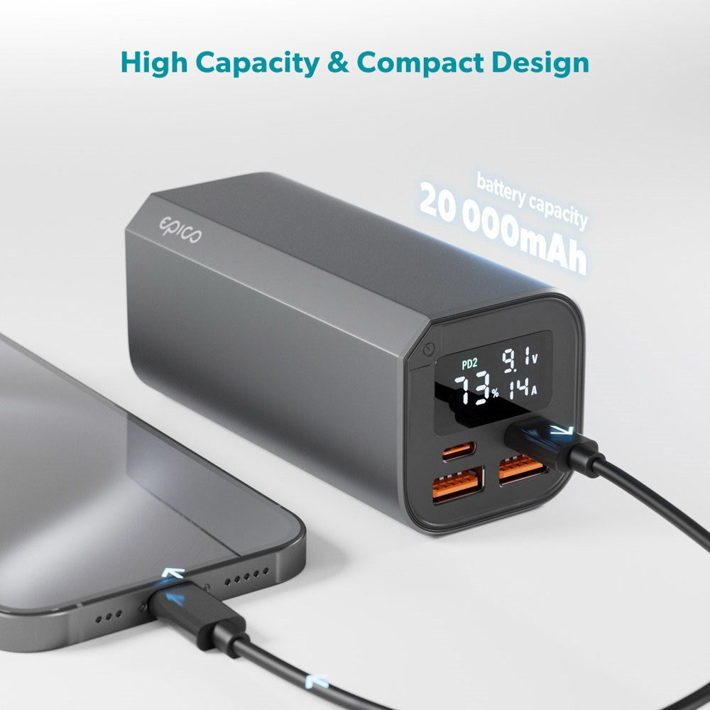Epico 100W Aluminiums Powerbank 20.000 mAh med 2 x USB-A & 2 x USB-C - Grå
