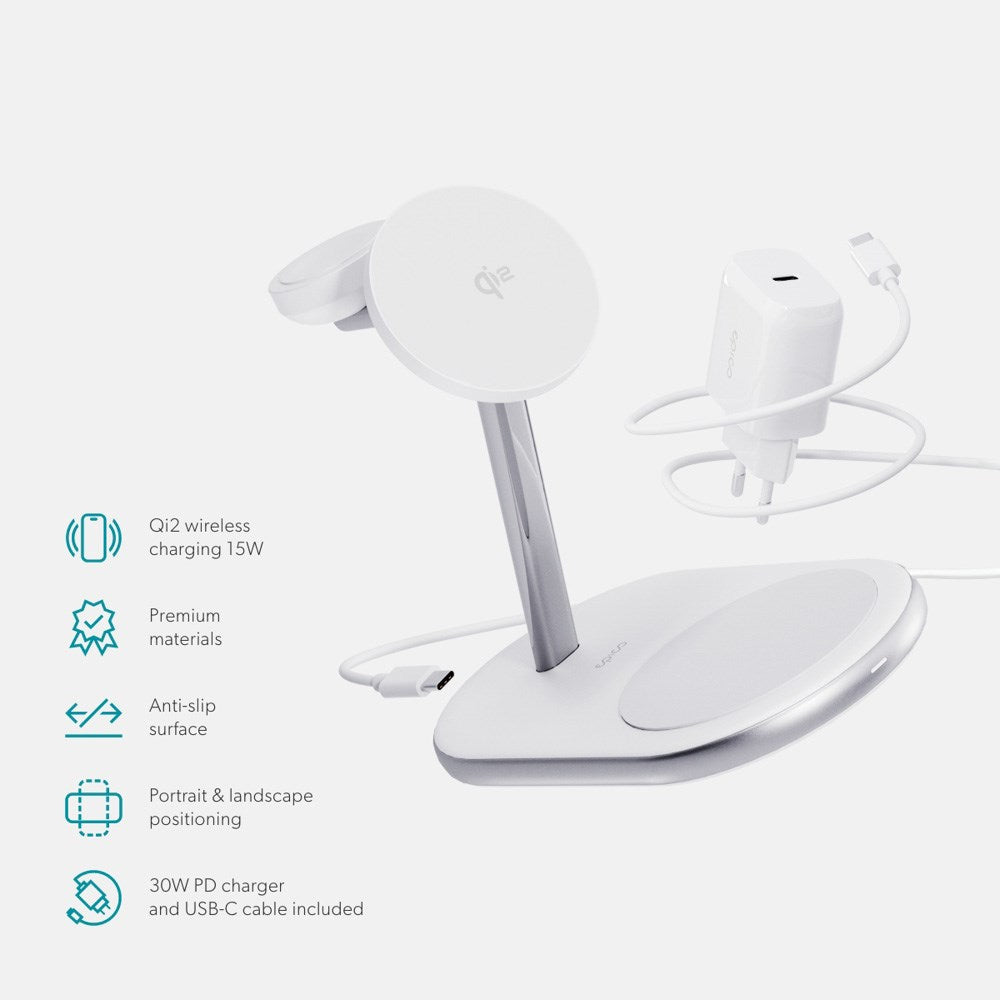 Epico UltraBase EX60 Qi2 3-i-1 Mag+ Trådløs Lader - MagSafe Kompatibel - Hvit