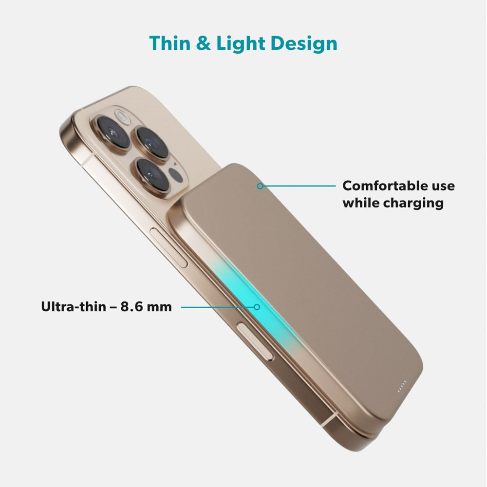 Epico 15W UltraPack EM51 Slim Alu Mag+ 5000 mAh Power Bank med USB-C - Qi2 / MagSafe Kompatibel - Desert Titanium