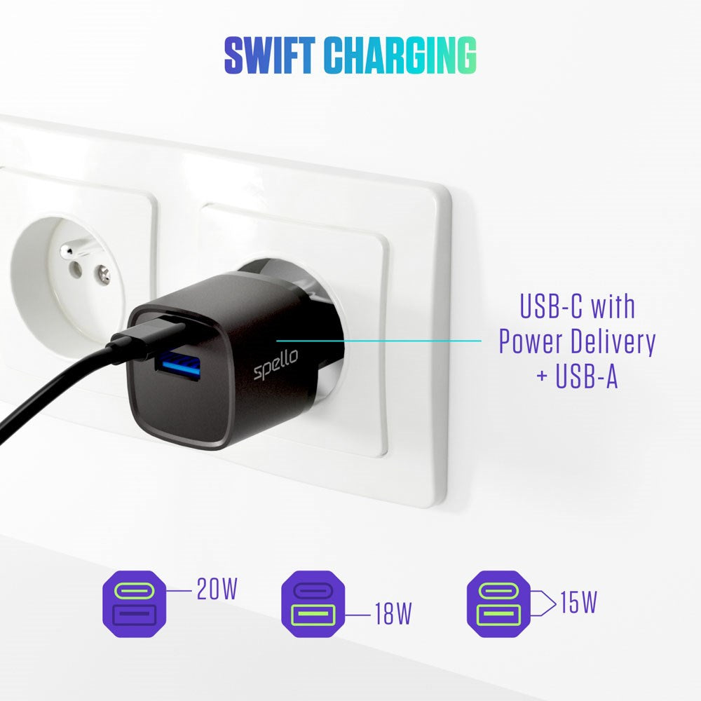 Spello 20W PD (Power Delivery) Väggladdare med 1 x USB-C 1 x USB-A- Svart