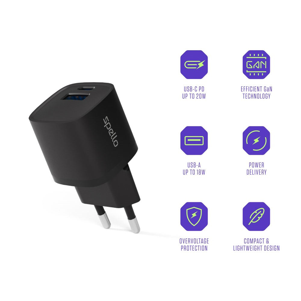 Spello 20W PD (Power Delivery) Väggladdare med 1 x USB-C 1 x USB-A- Svart