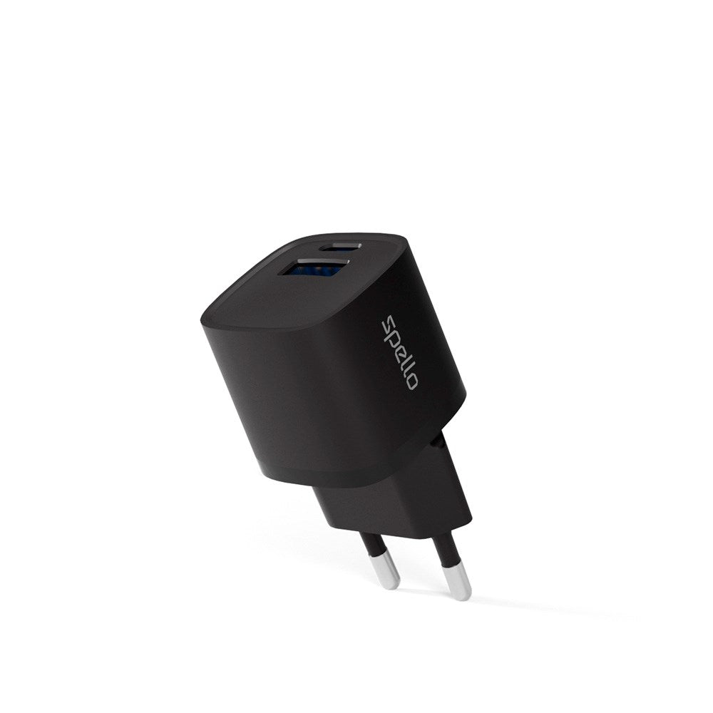 Spello 20W PD (Power Delivery) Väggladdare med 1 x USB-C 1 x USB-A- Svart