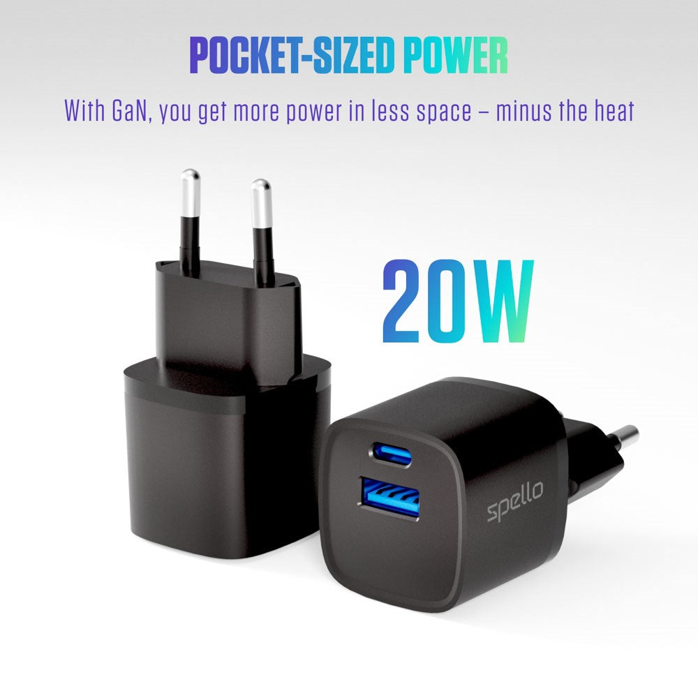 Spello 20W PD (Power Delivery) Väggladdare med 1 x USB-C 1 x USB-A- Svart