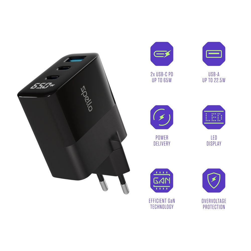 Spello 65W PD (Power Delivery) Väggladdare med 2 x USB-C 1 x USB-A - Svart