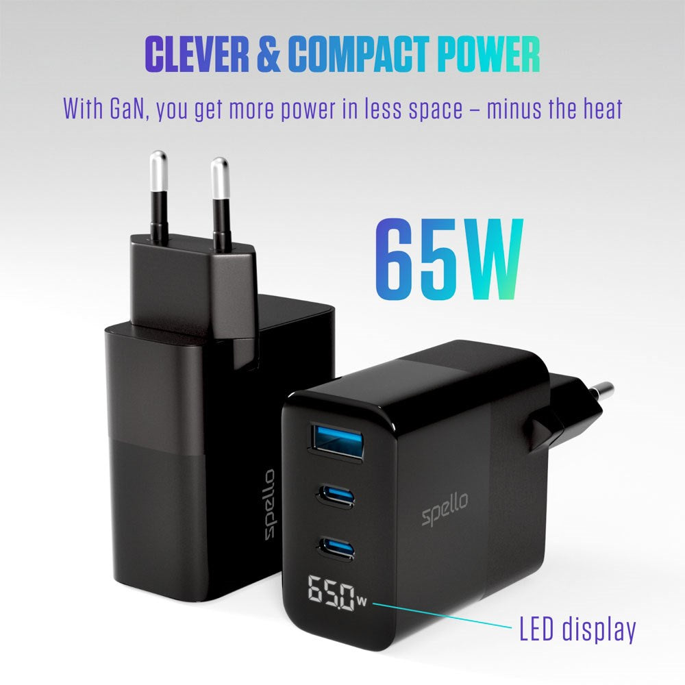 Spello 65W PD (Power Delivery) Väggladdare med 2 x USB-C 1 x USB-A - Svart