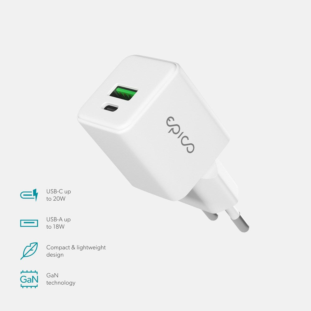 Epico UltraBoost GaN 20W Vegglader - 1x USB-C / 1x USB-A - Hvit