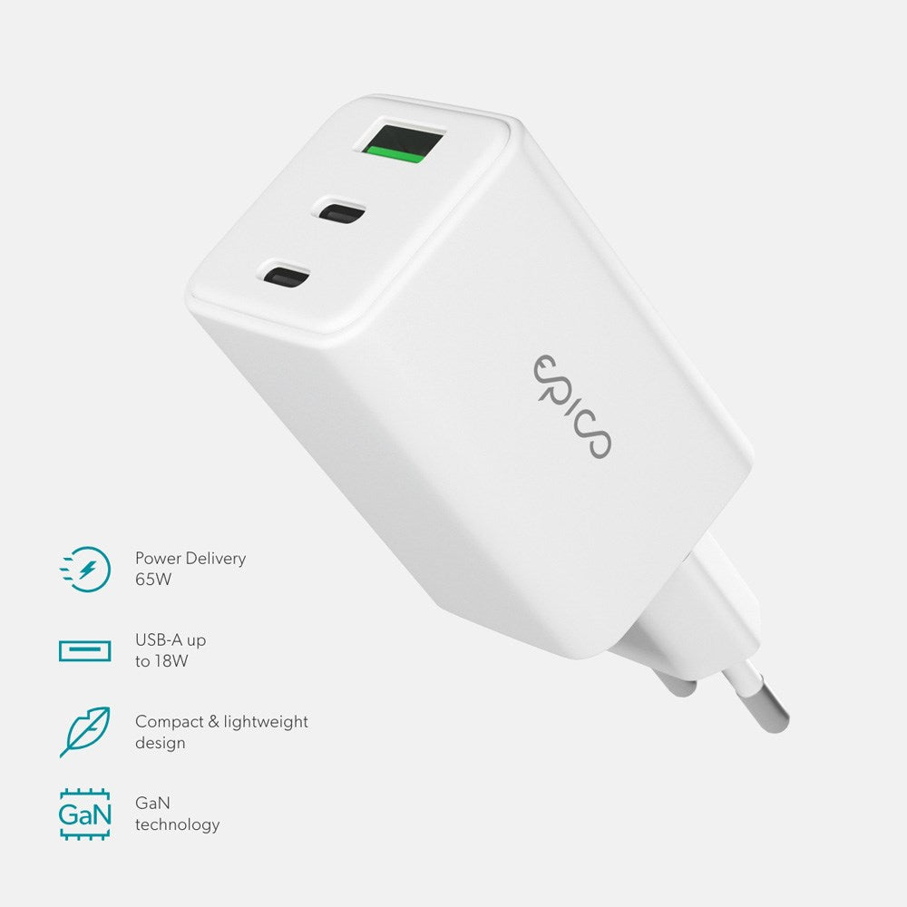 Epico UltraBoost GaN 65W Vegglader - 2x USB-C / 1x USB-A - Hvit