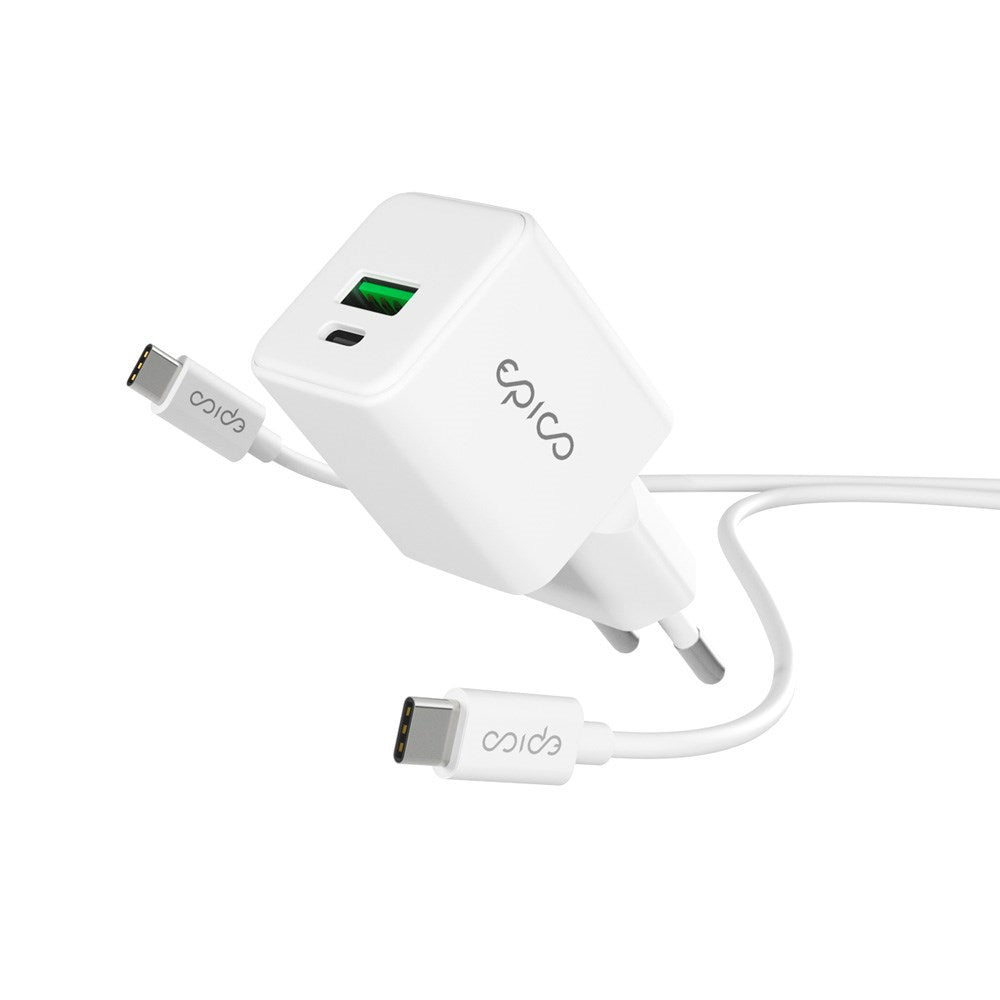 Epico UltraBoost GaN 20W Vegglader m. 1.2m USB-C til USB-C Kabel - 1x USB-C / 1x USB-A - Hvit