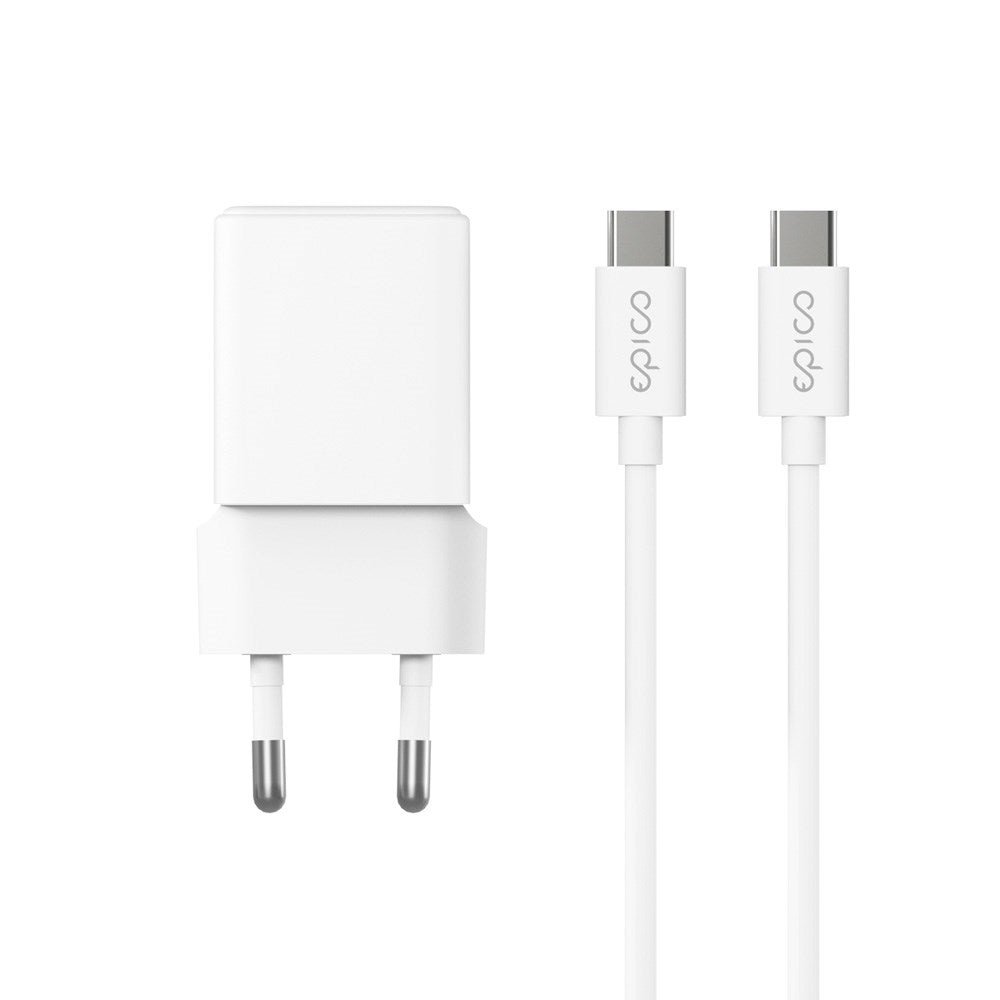 Epico UltraBoost GaN 20W Vegglader m. 1.2m USB-C til USB-C Kabel - 1x USB-C / 1x USB-A - Hvit