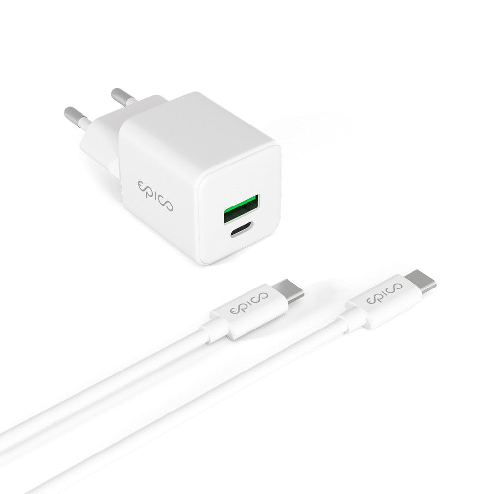 Epico UltraBoost GaN 20W Vegglader m. 1.2m USB-C til USB-C Kabel - 1x USB-C / 1x USB-A - Hvit