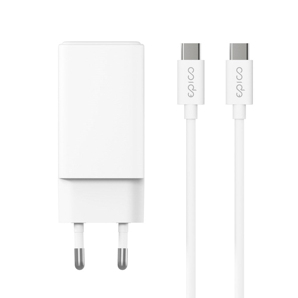 Epico UltraBoost GaN 65W Vegglader m. 1.2m USB-C til USB-C Kabel - 2x USB-C / 1x USB-A - Hvit