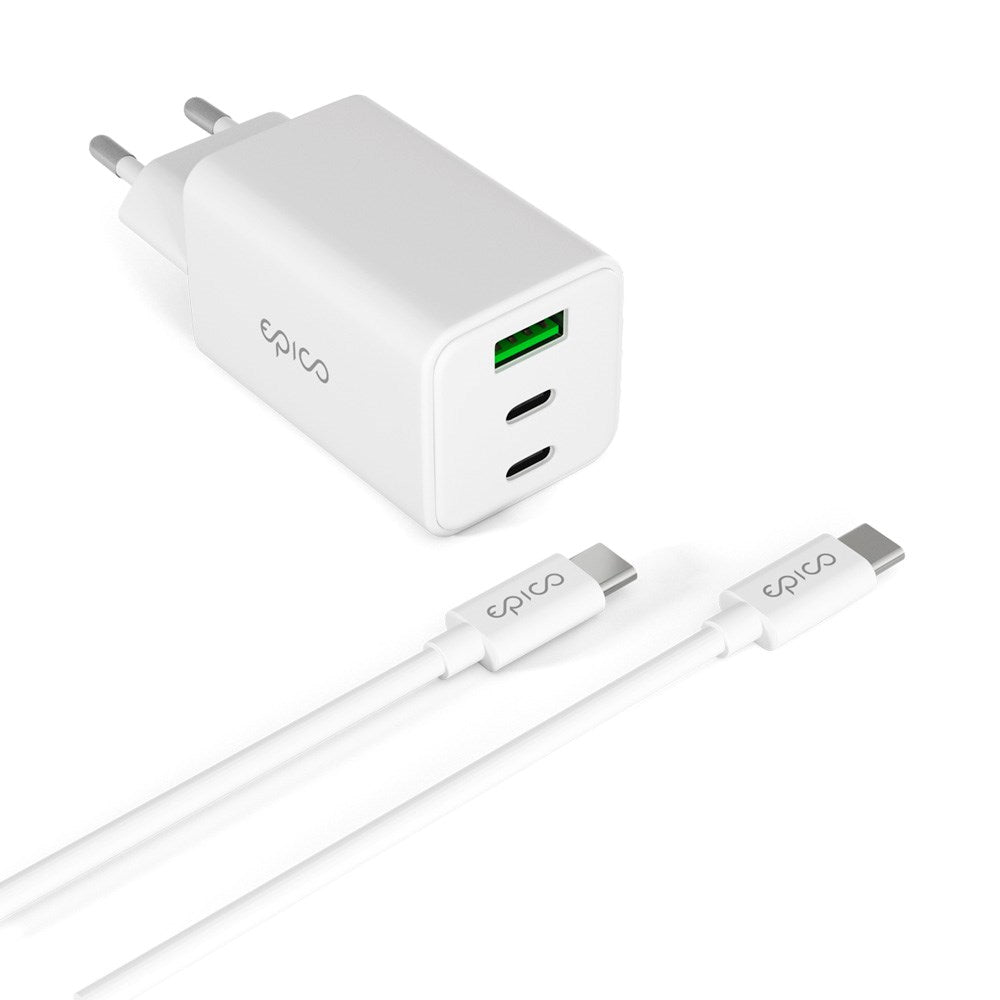 Epico UltraBoost GaN 65W Vegglader m. 1.2m USB-C til USB-C Kabel - 2x USB-C / 1x USB-A - Hvit