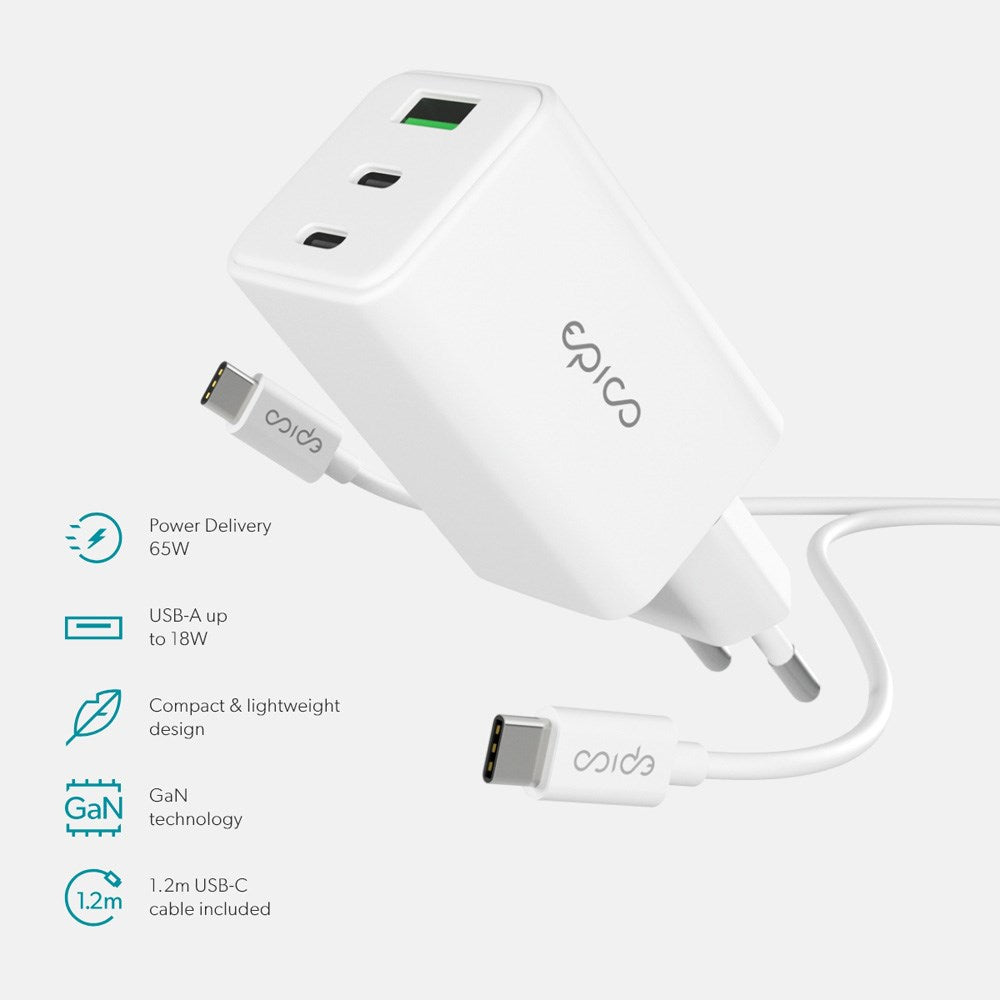 Epico UltraBoost GaN 65W Vegglader m. 1.2m USB-C til USB-C Kabel - 2x USB-C / 1x USB-A - Hvit