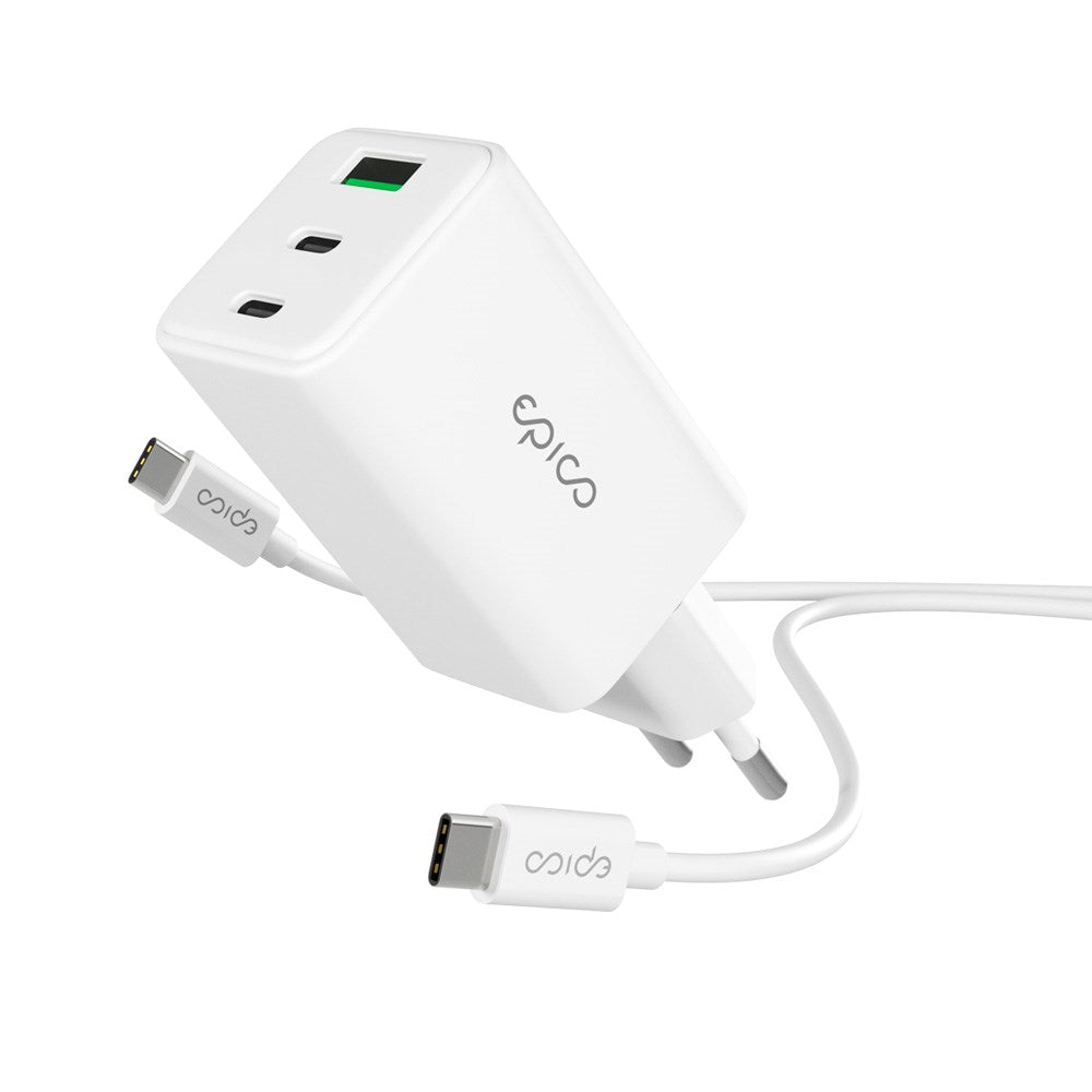 Epico UltraBoost GaN 65W Vegglader m. 1.2m USB-C til USB-C Kabel - 2x USB-C / 1x USB-A - Hvit