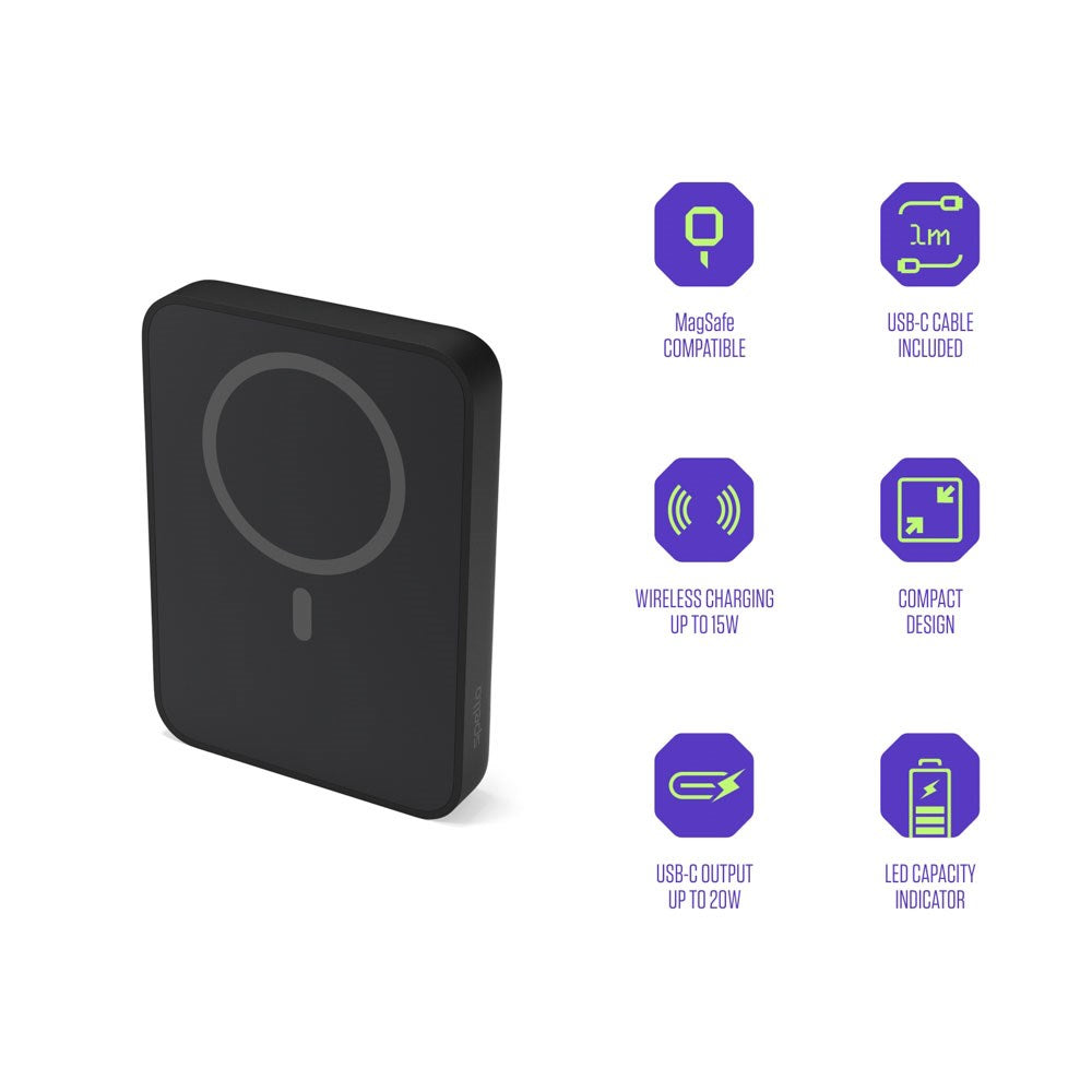Spello ForcePack 5000mAh Magnetisk Power Bank 15W - MagSafe Kompatibel - Svart
