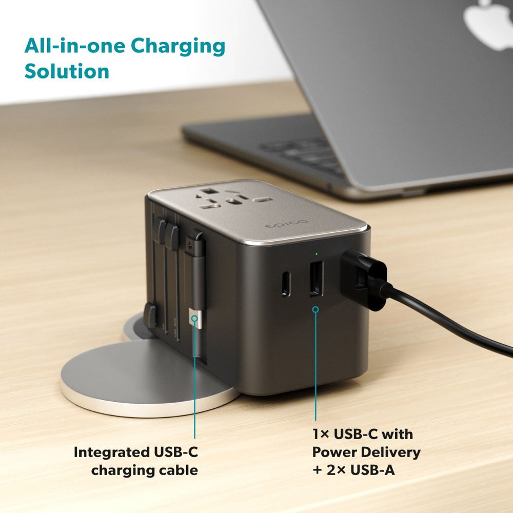 Epico UltraBoost Universal Reiseadapter 70W med 2 x USB-A 1 x USB-C - Titanium