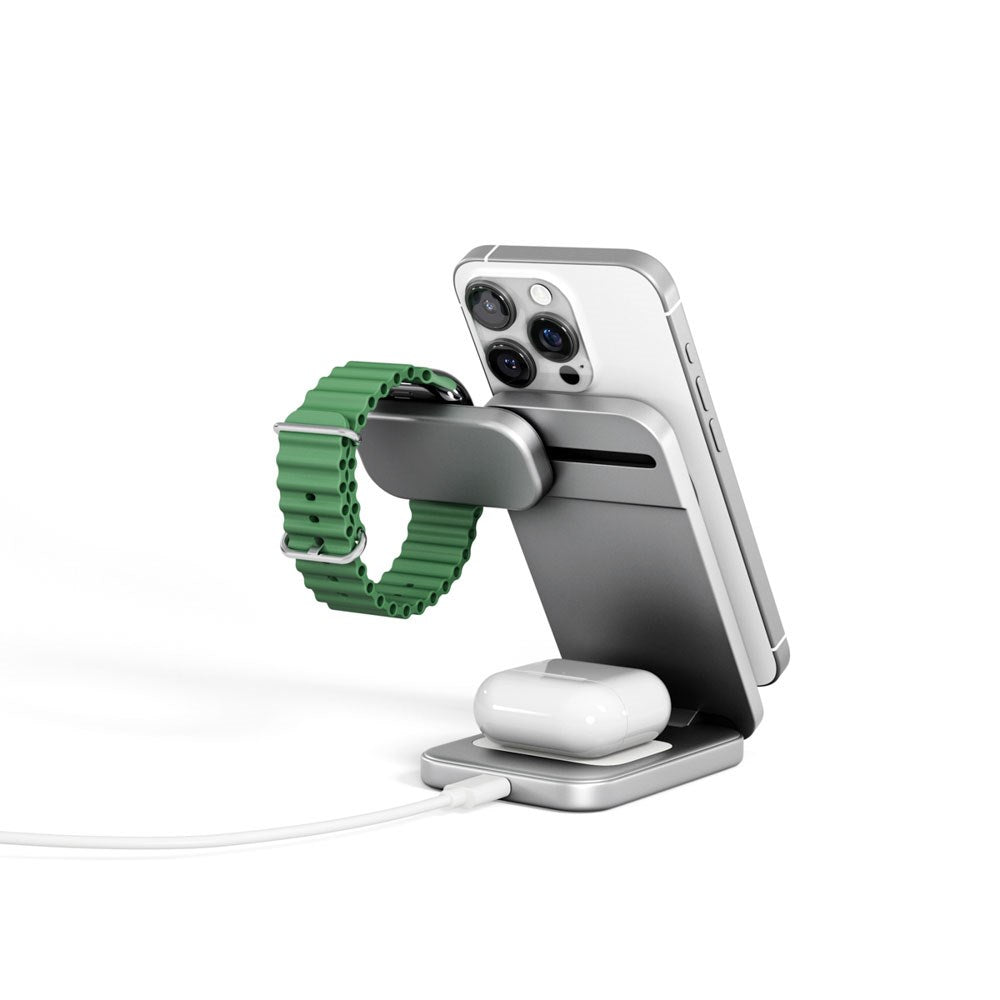 Spello ForceBase Sammenleggbar 3-i-1 Trådløs Qi2 Lader 15W - MagSafe Kompatibel - Sølv