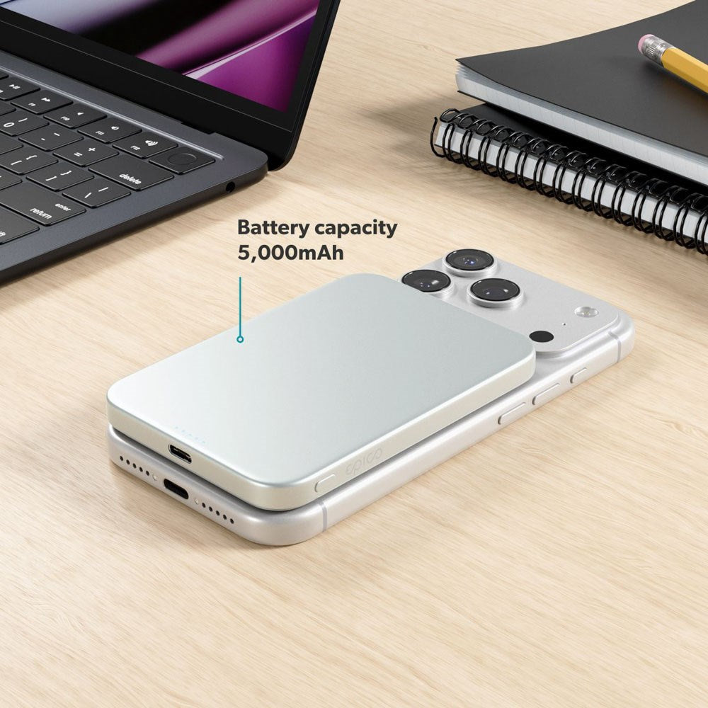Epico 15W UltraPack EM51 Slim Alu Mag+ 5000 mAh Power Bank med USB-C - Qi2 / MagSafe Kompatibel - Silver
