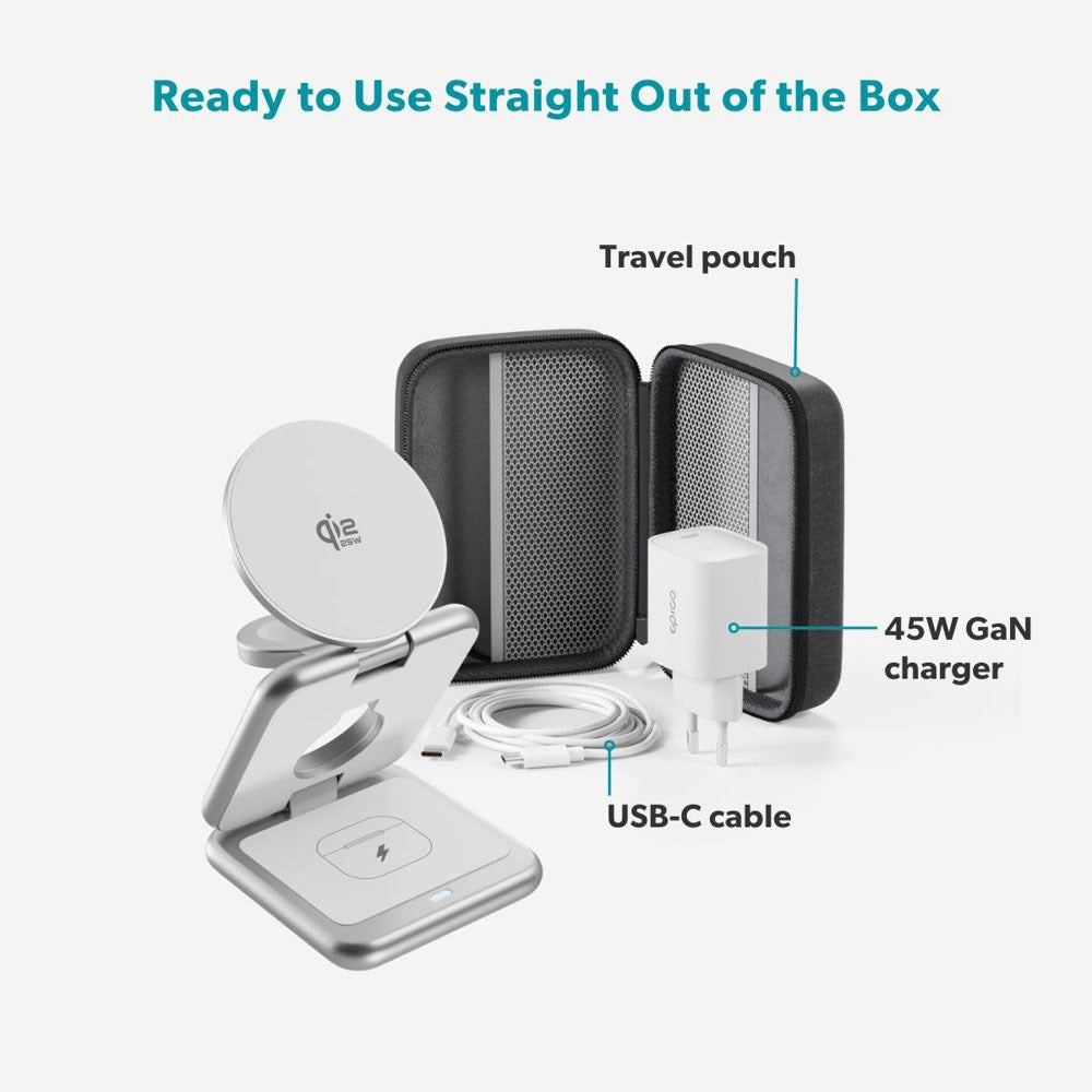 Epico UltraBase EF60 3-i-1 Fold Metal Mag+ Trådløs Lader - 25W - Qi2 / MagSafe Kompatibel - Sølv