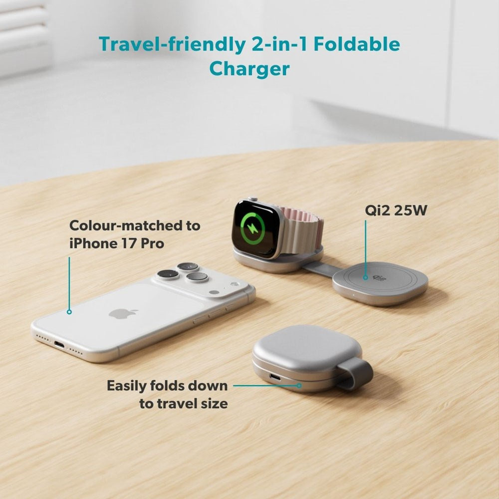 Epico UltraBase Kompakt Trådløs Lader 25W for Smarttelefon / Apple Watch - MagSafe / Qi2 Kompatibel - Sølv