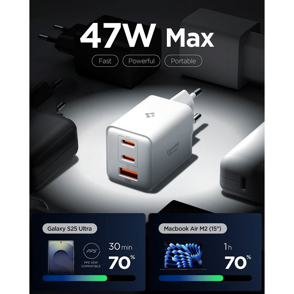 Spigen Essential 47W Vegglader med 2 x USB-C & 1 x USB-A - Hvit